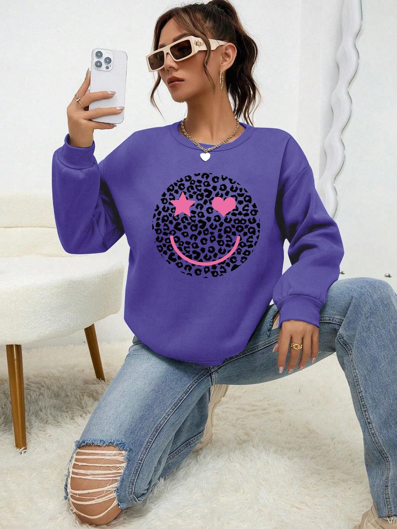 Leopard Print Happy Face Love  Printed Sweatshirt Womens Autumn Soft Hoody Fleece Warm Hoodies Street All-Match Female Pullover