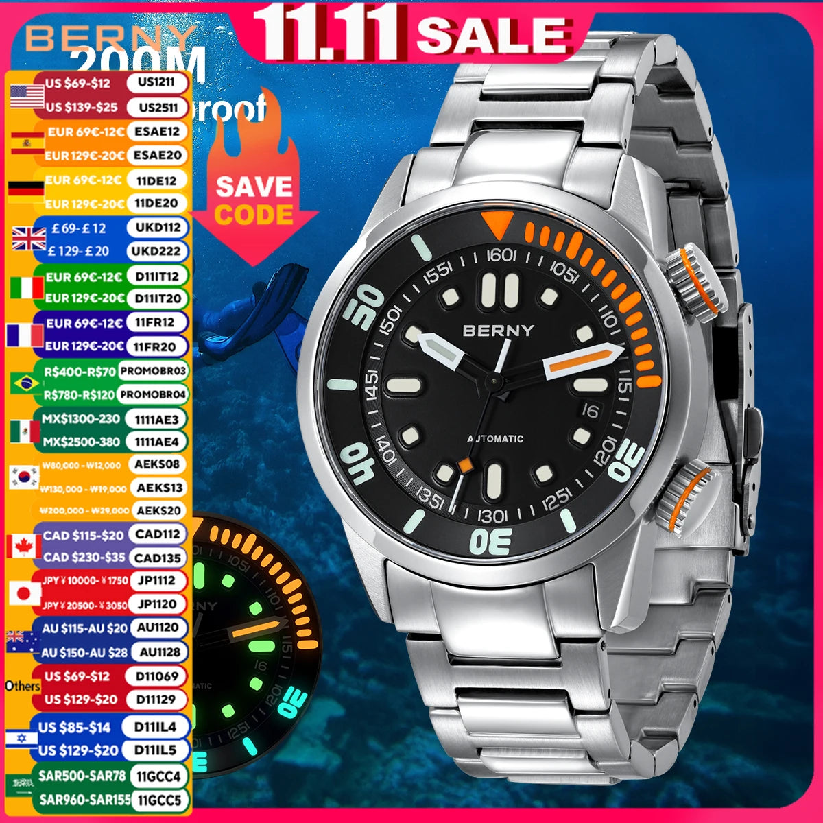 BERNY Automatic Dive Watch for Men Super Luminous Original Design 20ATM Man Wristwatch Sapphire Swim Sport Mechanical Male Watch
