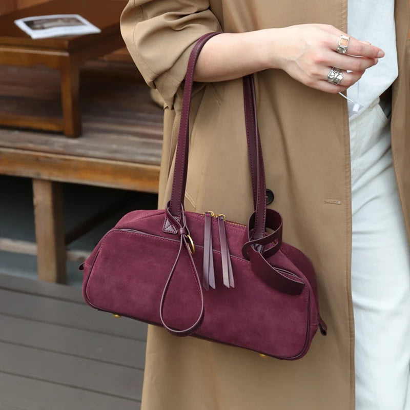 Toptrends Suede Cow Genuine Leather Underarm Shoulder Bags For Women New 2025 Luxury Designer Bowling Totes Work Ladies Handbags