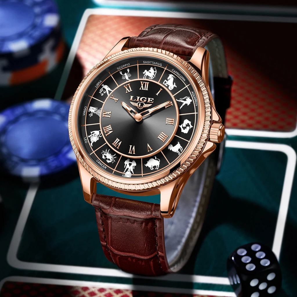 LIGE Creative Constellation Mens Watches Business Belt Man Wristwatches Luminous Waterproof Watch for Men 12 Constellations