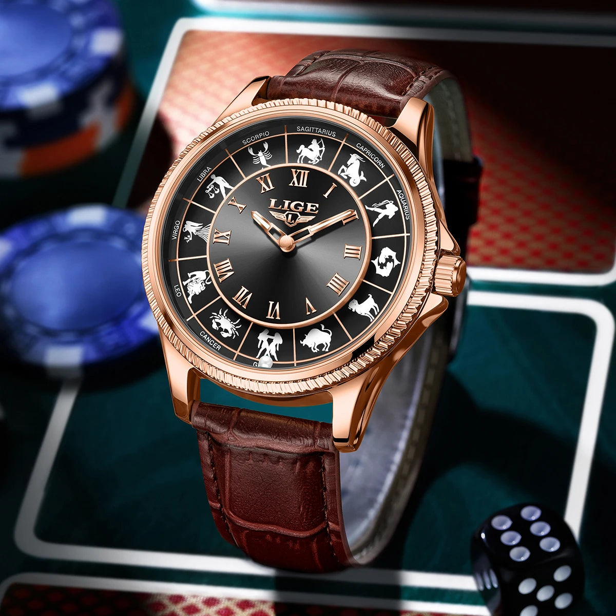 LIGE Creative Constellation Mens Watches Business Belt Man Wristwatches Luminous Waterproof Watch for Men 12 Constellations