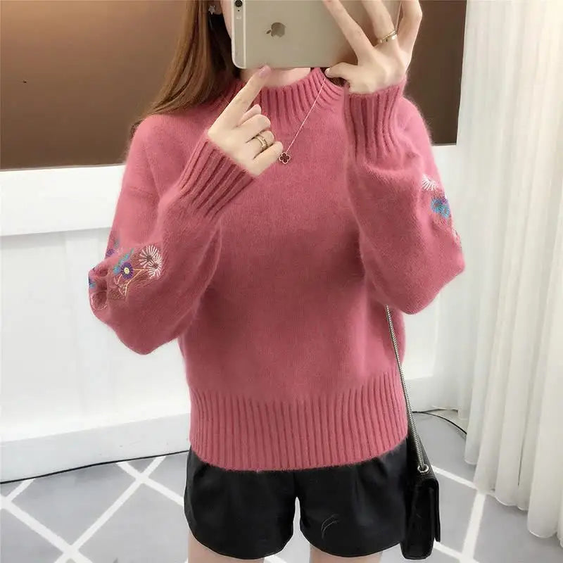 Autumn Winter 2025 New Embroidered Sleeves with Long Sleeves Knit Pullover Women Clothing Vintage All-match O-neckLoose Sweaters