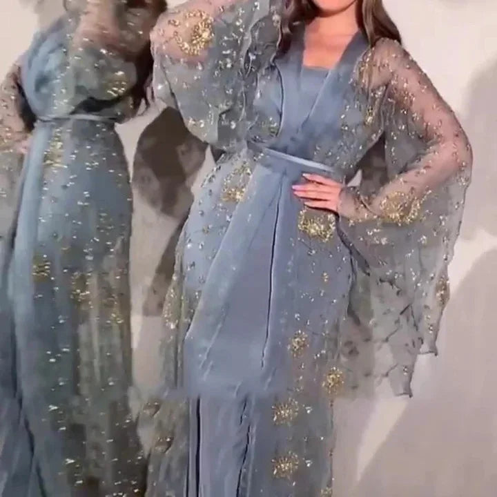 Loose Women's Ethnic Style Two-Piece Set New Cross-Border Dress V-Neck Full Sleeve Ankle-Length Regular Waistline Dress