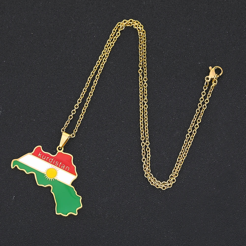 Kurdistan Map Flag Pendant Necklace Stainless Steel Gold Silver Color Men Women Country Map Jewelry Gift