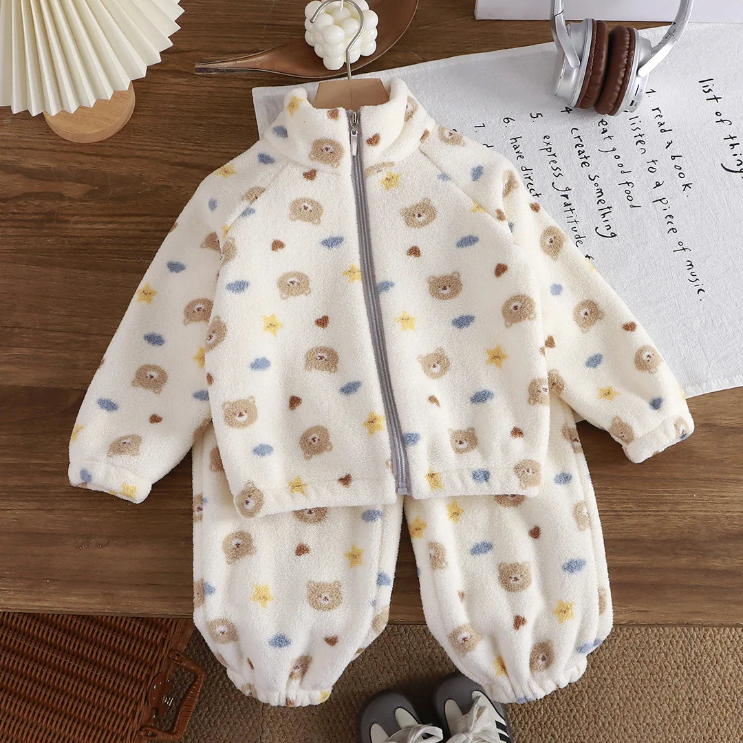 Baby Boy Girl Plush Fleece Tracksuit Sets 1-8Y Thickened Warm Cartoon Print Zipper Jacket Pants 2Pcs Kids Autumn Winter Outfit