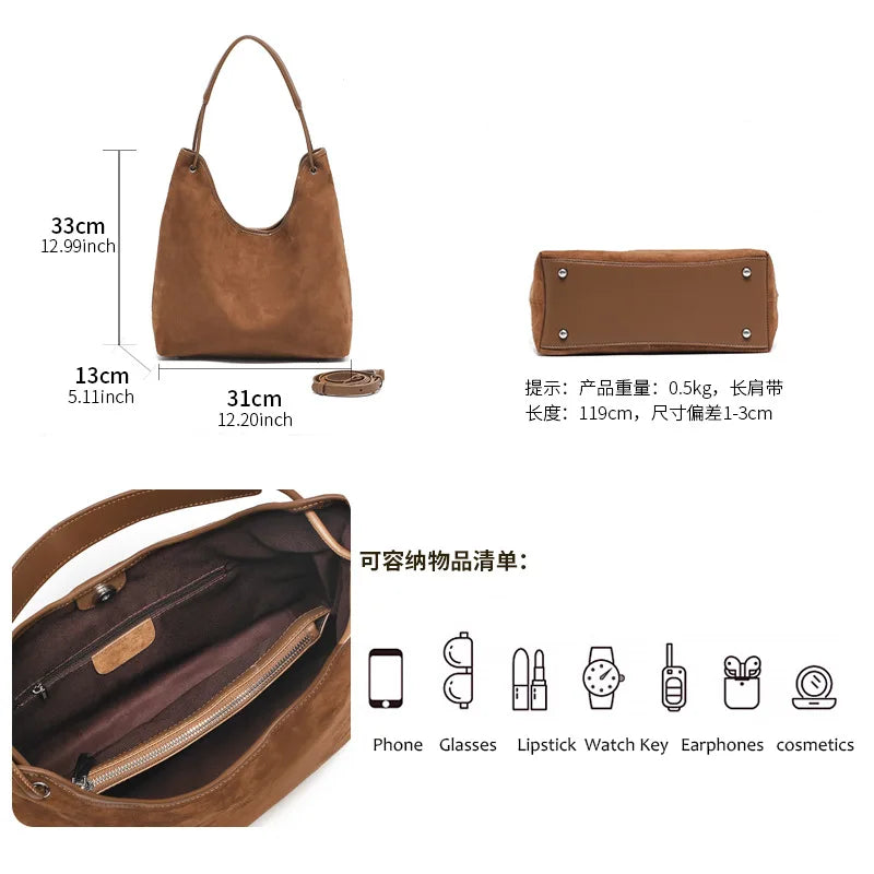 Women's Premium Suede Leather Shoulder Bag New Autumn/Winter Retro Crossbody Tote, Large Capacity Commuter Handbag for Office