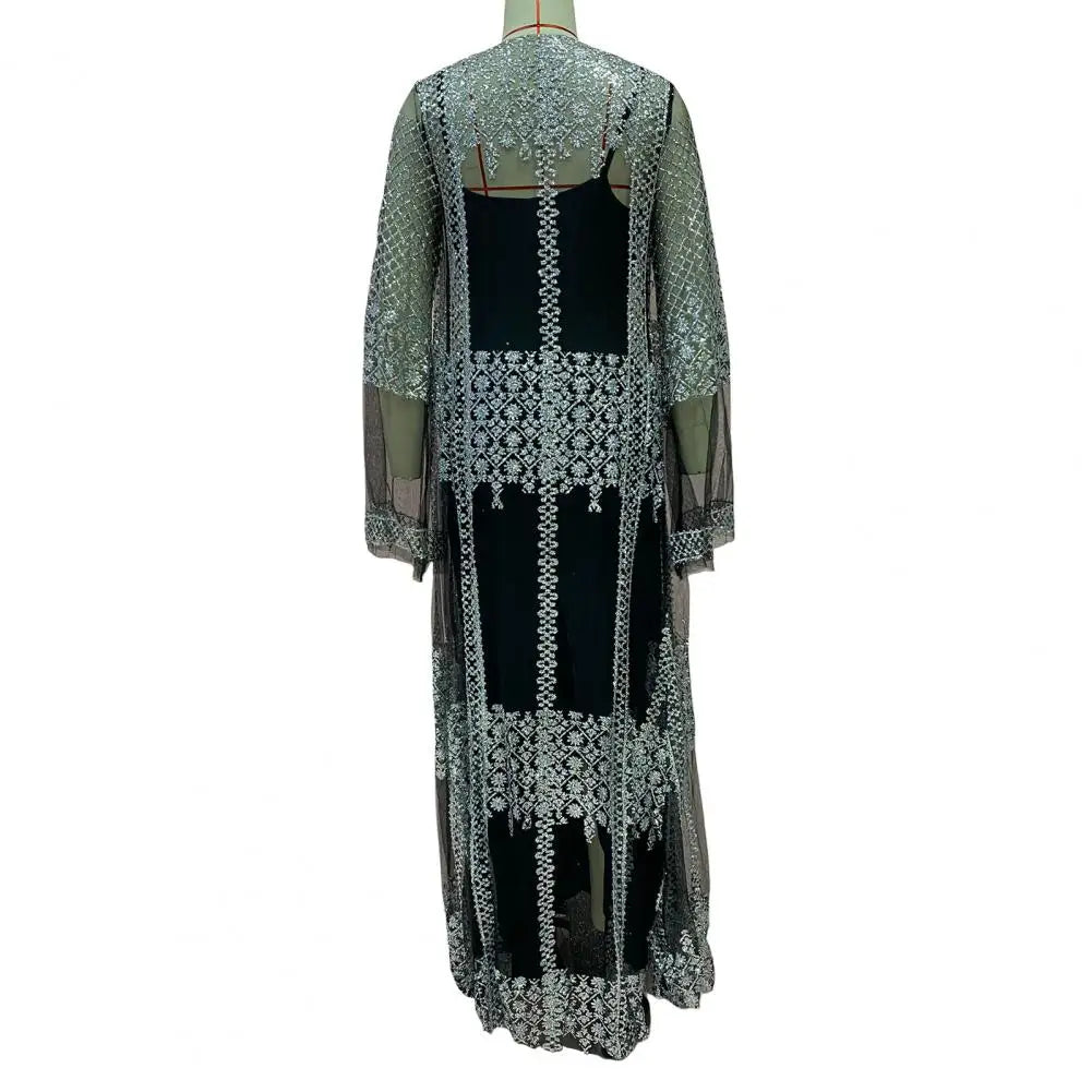 2 Pcs/Set Women Evening Dress Elegant Shiny Bronzed Party Dress Set With Mesh Cardigan Long Dress Shawl Set For Birthday