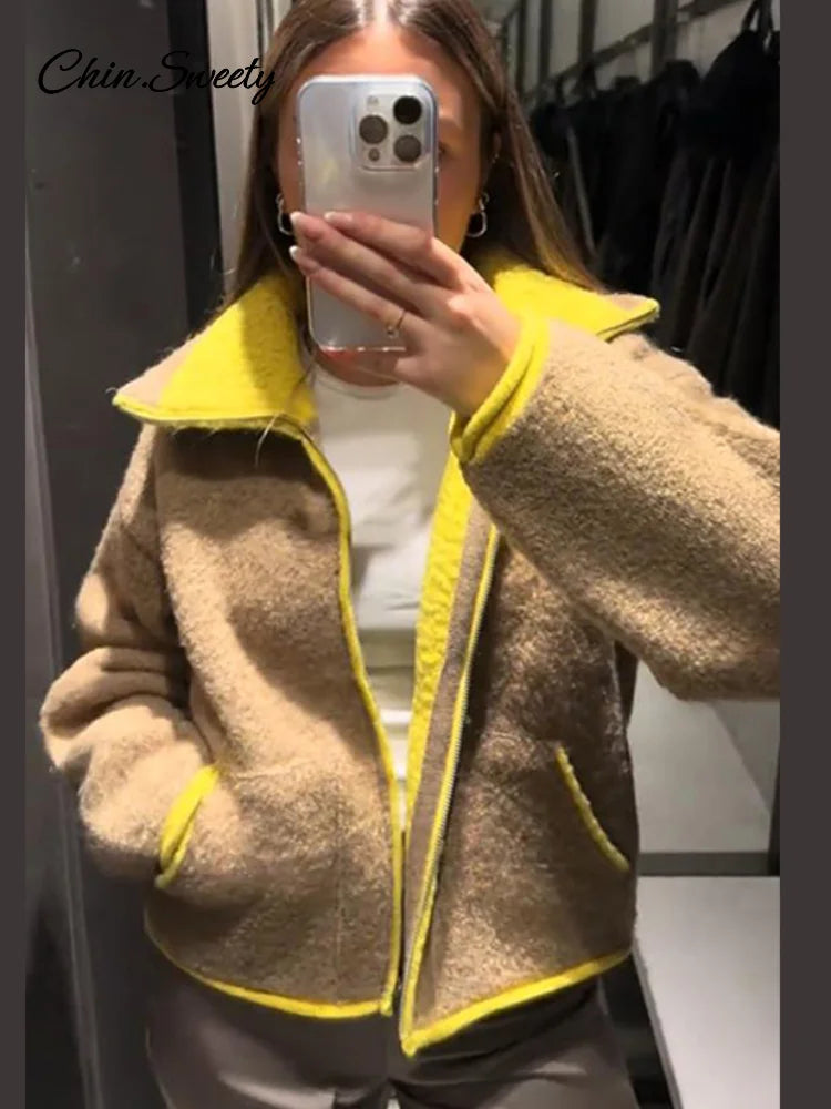 Fashion Contrast Stand Neck Jacket Women Zipper Pocket Full Sleeve Bomber Jackets Lady New Autumn Winter Casual Street Outwear