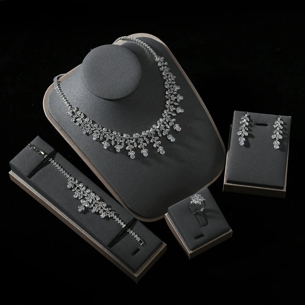 4pcs Bridal Jewelry Sets For Wedding Zirconia CZ Saudi Dubai Indian Necklace Earring Bracelet Set For Women Party Prom Jewelley