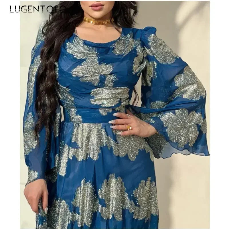 Women Party Dress Long Sleeve Sequins Chiffon Spring Summer Empire Lady Vintage Big Swing Elegant Dance Maxi Dresses