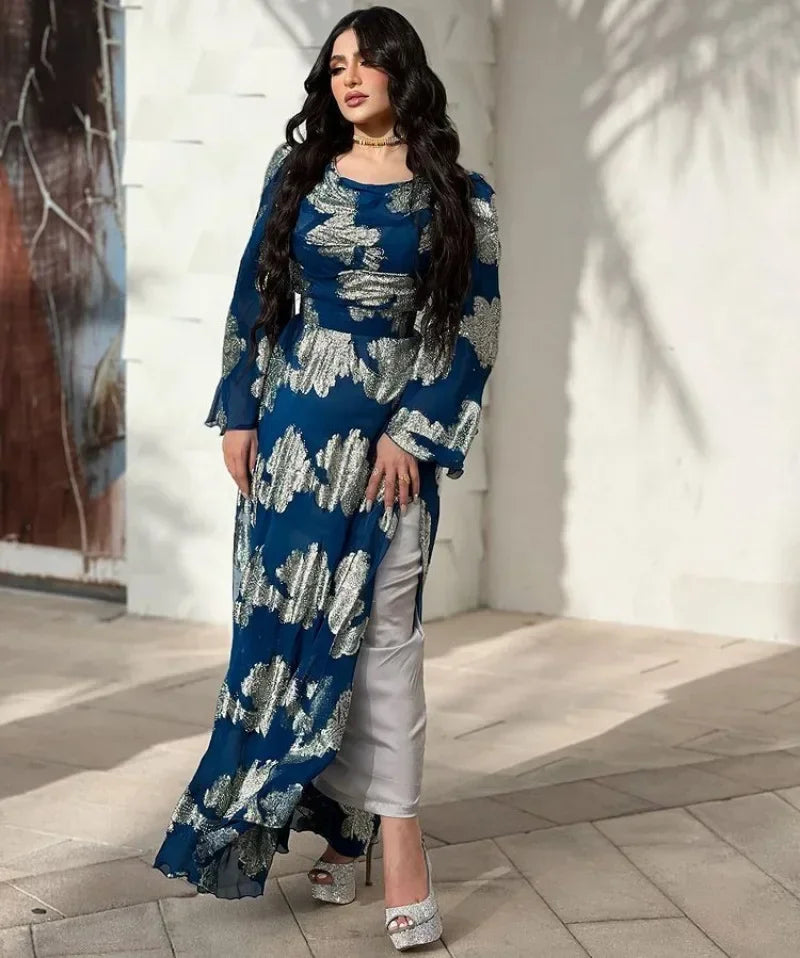 Women Party Dress Long Sleeve Sequins Chiffon Spring Summer Empire Lady Vintage Big Swing Elegant Dance Maxi Dresses