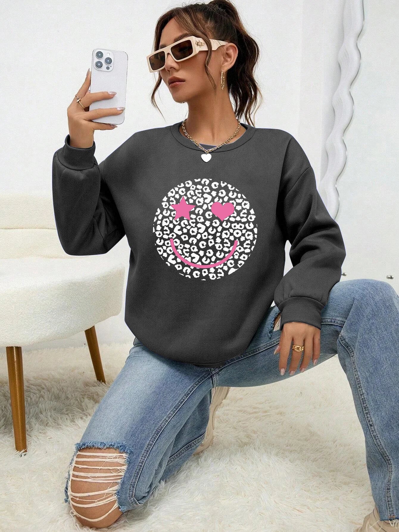 Leopard Print Happy Face Love  Printed Sweatshirt Womens Autumn Soft Hoody Fleece Warm Hoodies Street All-Match Female Pullover