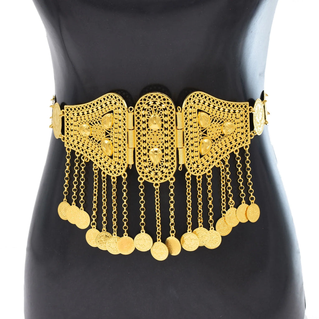 Golden Metal Coin Long Chain Belts for Women India Belly Dance Morocan Afghan Turkish Kurdistan National Dress Waistband Jewelry