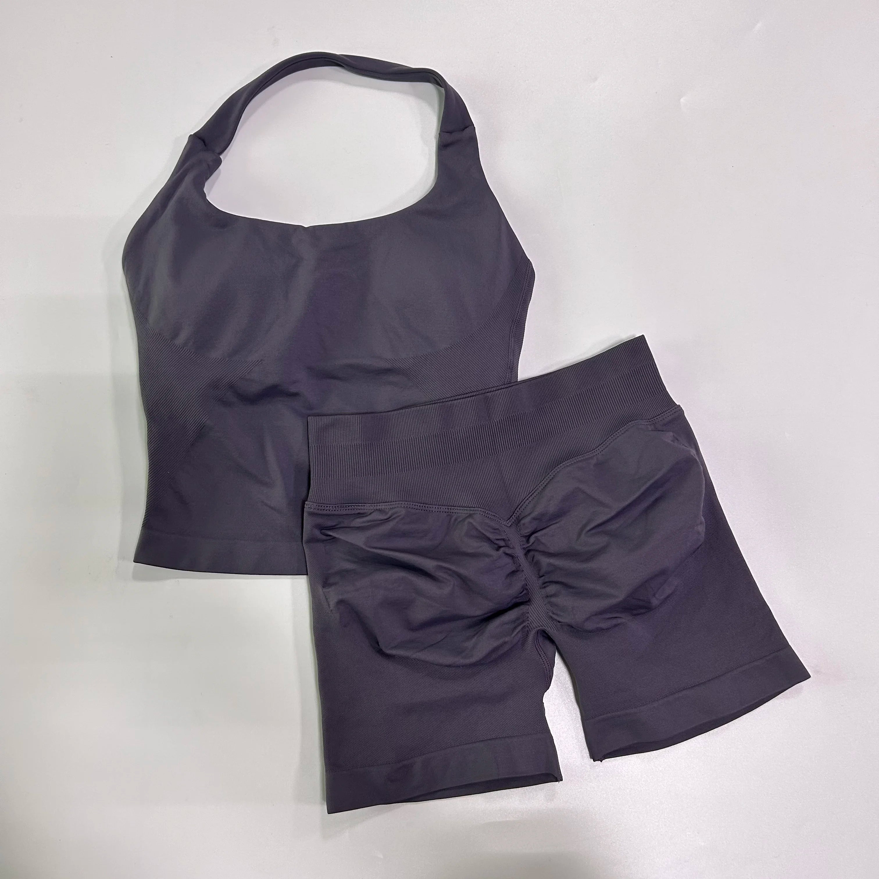 2 Pieces Sports Set Women Backless Halter Tops High Waist Seamless Hight Stretch Shorts Gym Suit Sportswear Workout Sets