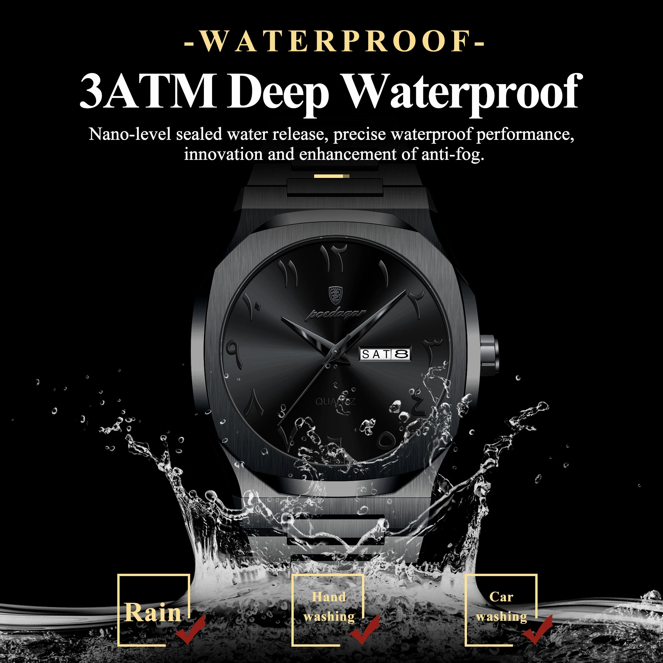 POEDAGAR Military Watch For Men Waterproof Luxury Week Calendar Man Wristwatch Quartz Stainless Steel Fashion Men's Watches Male