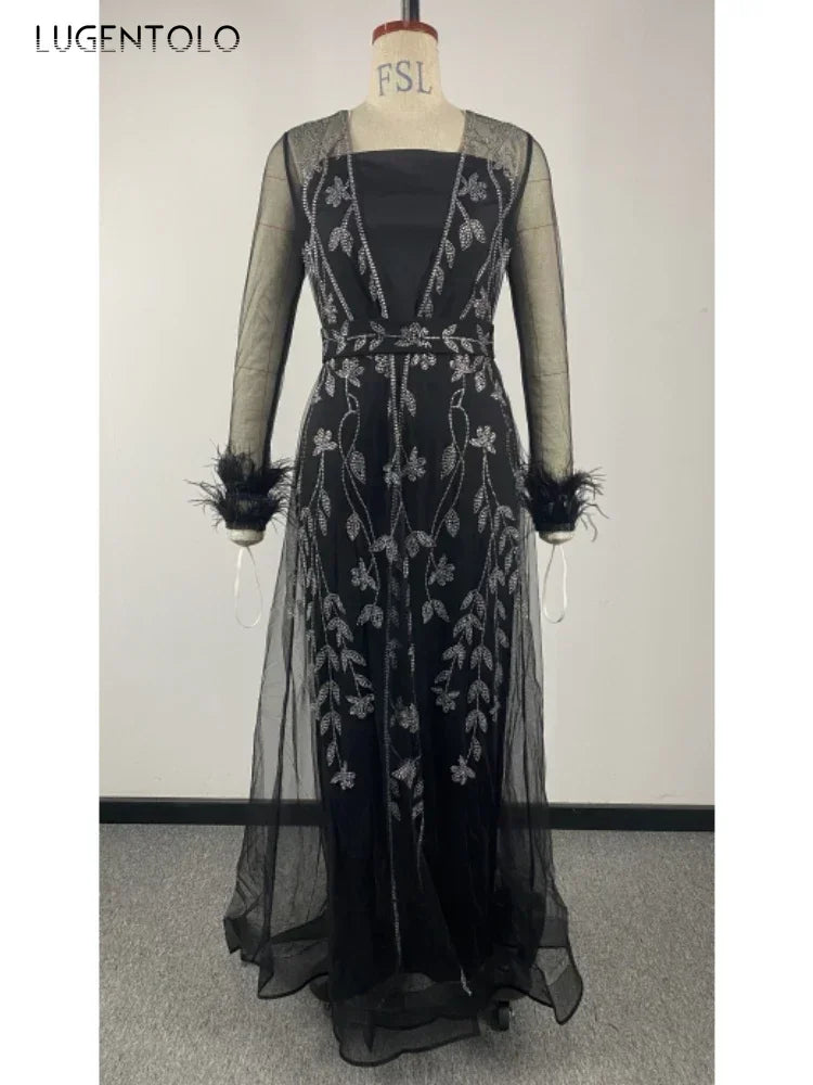 Women Hot Diamond Caftan Robe Dress Set Elegant Party High Quality Mesh Sexy Perspective Long Sleeve Lady Lace-up Banquet Cloth