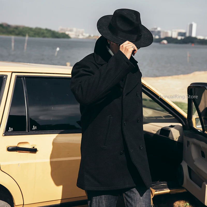 Red Tornado 740 Peacoat in Black Vintage Double-Breasted Mid-Length Wool Blend Overcoat for Men Warm Winter Jacket