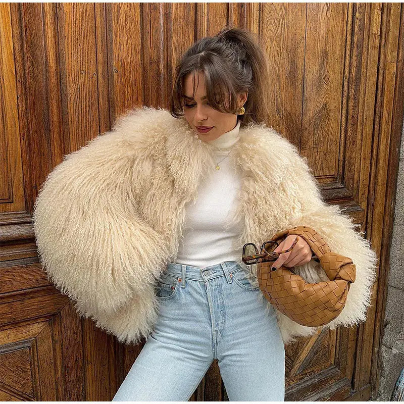 Thickened Winter Women's Artificial Wool Fur Coat Short Tan Sheep Long Hair Cardigan For Female Street Plush Lady's Outwear