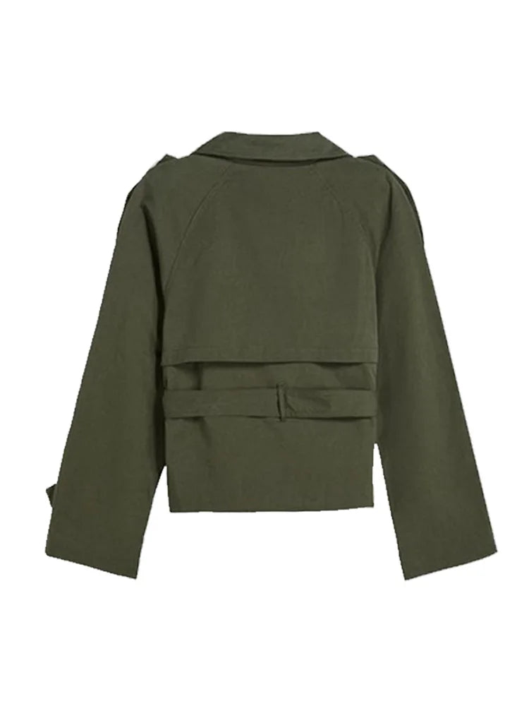 Women's Chic Stand Collar Double-breasted Belted Waist Cropped Trench Coat Shoulder Epaulets 2025 Autumn Casual Street Outerwear