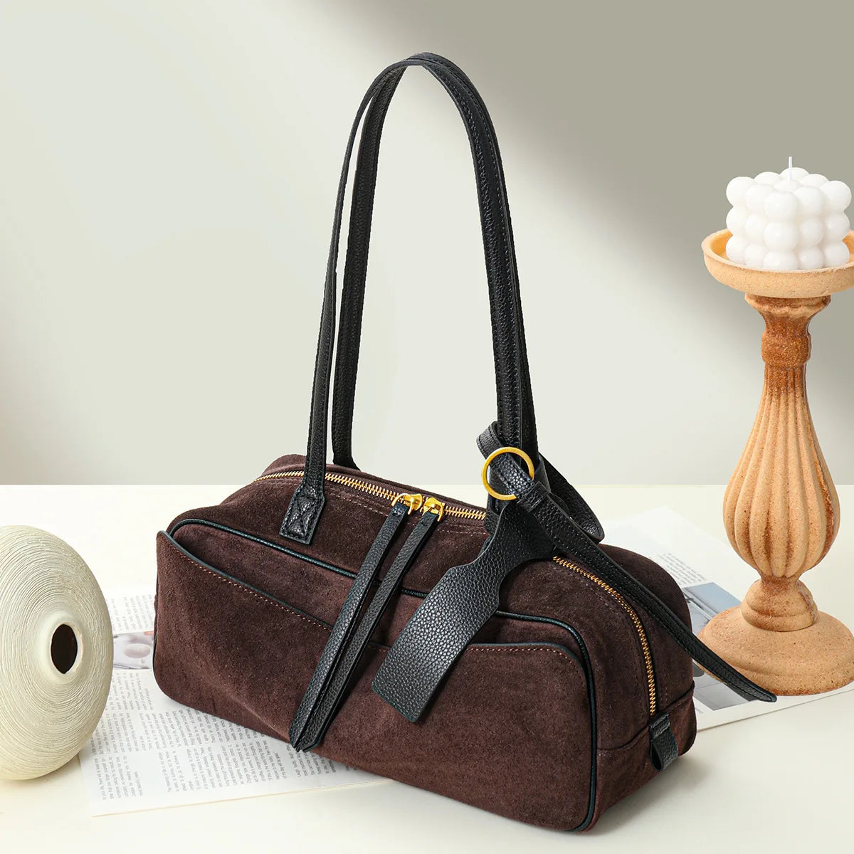 Niche Matte Cowhide Bowling New Commuter Large Capacity Boston Genuine Leather Handbag Shoulder Bag For Women Top-handle Bags