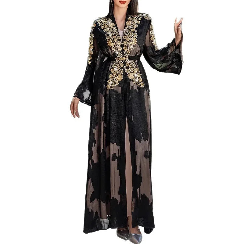 Southeast Asian Retro Style Gold Embellished Waist Cinching Long Sleeve Maxi Dress And Shawl Inner Wear Polyester Set
