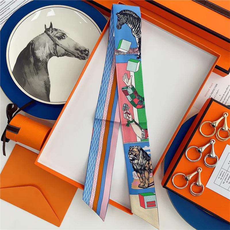 100% Silk High Quality Luxury Brand Scarf Women Headband Hair Band Foulard Tie Ribbon Neckerchief Skinny Scarves Accessories