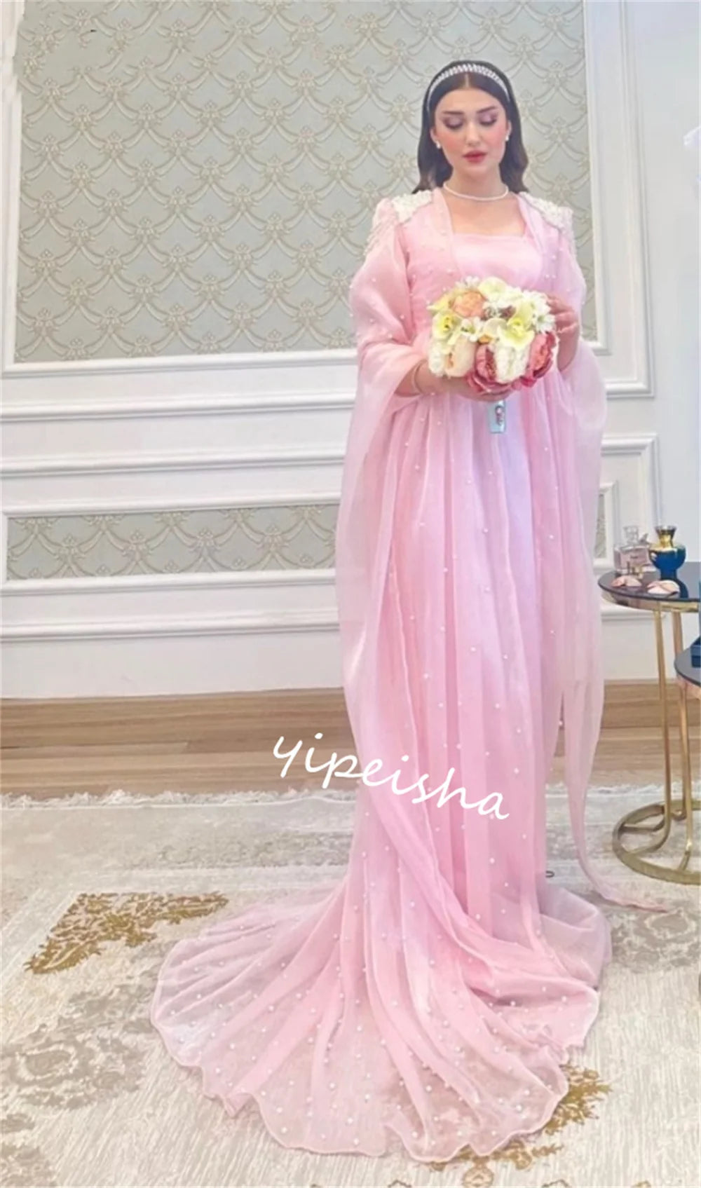 Customized  Evening Organza Pearl Beading Prom A-line Square Neck Bespoke Occasion Gown Long Dresses  Sexy Casual