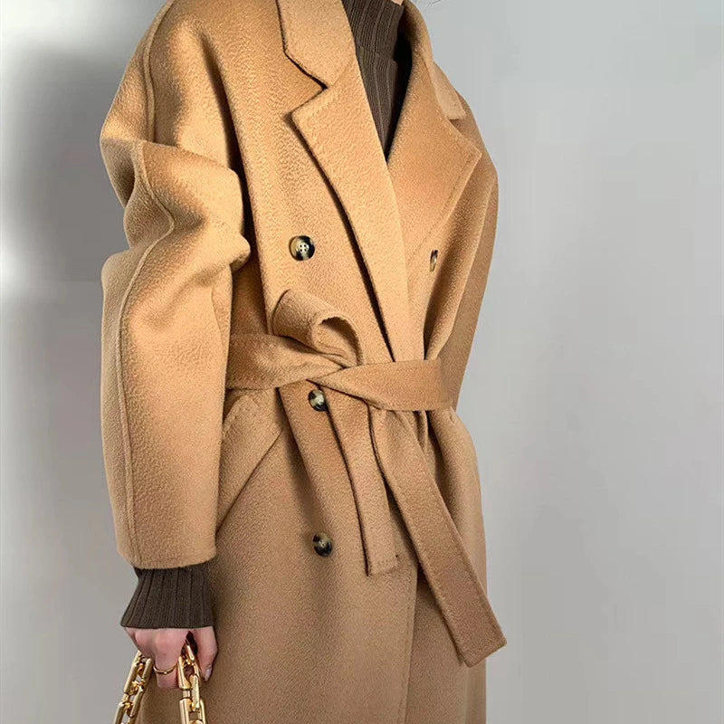 Wool Blends Autumn and Winter Luxury 2023 New Double-sided Cashmere Overcoat Women's Long Length High-end Lapel Coats with Belt