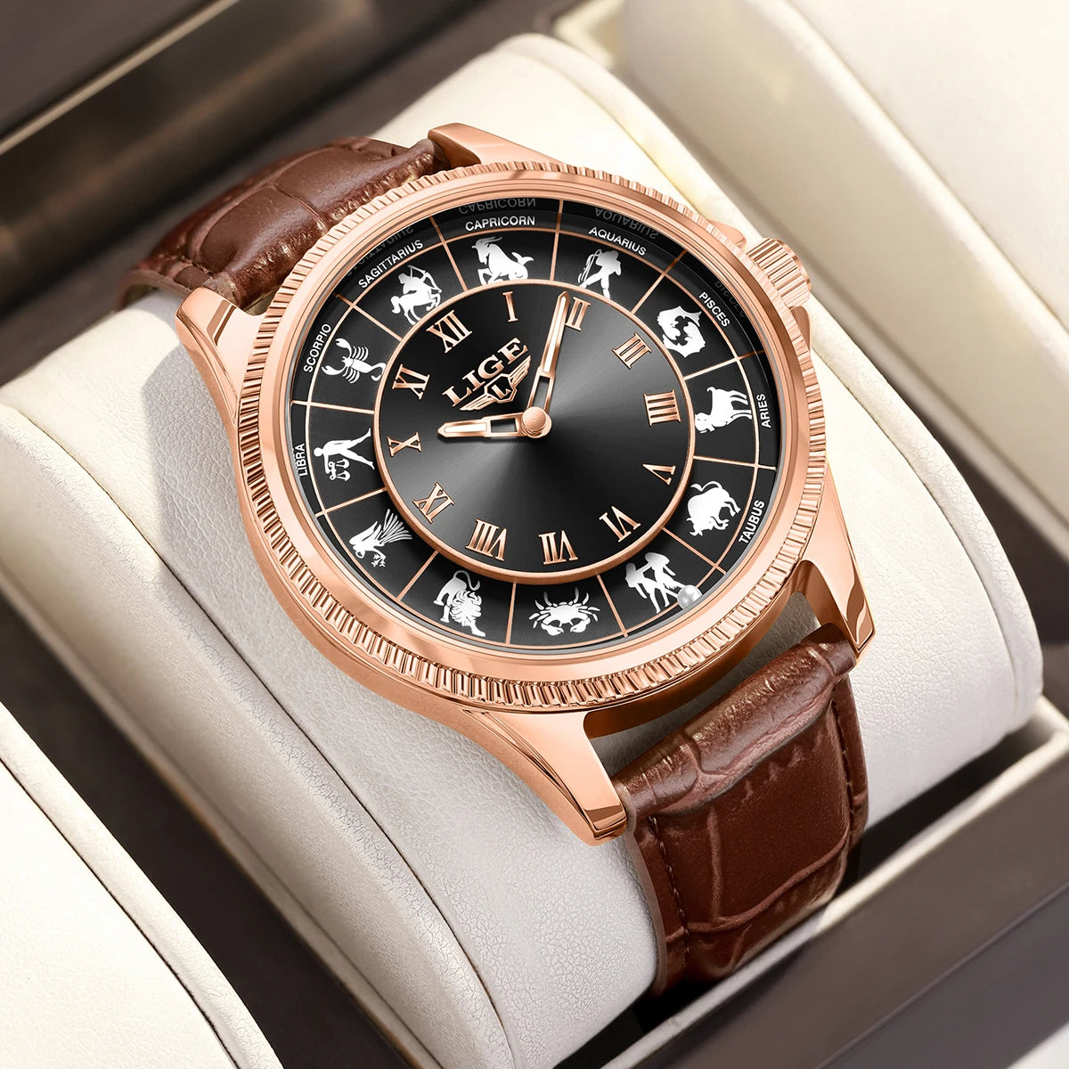 LIGE Creative Constellation Mens Watches Business Belt Man Wristwatches Luminous Waterproof Watch for Men 12 Constellations