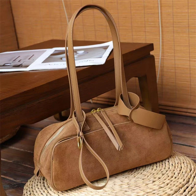 Toptrends Suede Cow Genuine Leather Underarm Shoulder Bags For Women New 2025 Luxury Designer Bowling Totes Work Ladies Handbags