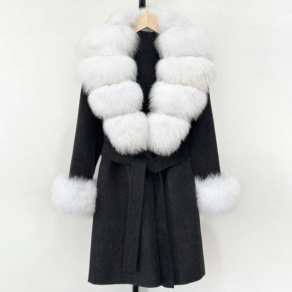 Elegant Woolen Jacket Autumn Winter Wool Coat Women Real Fox Fur Collar Single Breasted Wool Blends Jacket Natural Raccoon Fur
