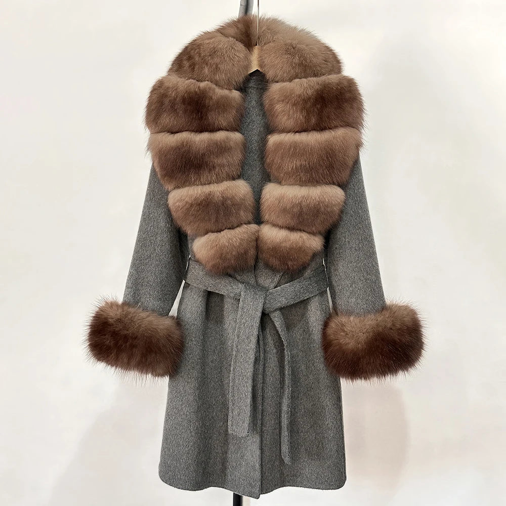 Elegant Woolen Jacket Autumn Winter Wool Coat Women Real Fox Fur Collar Single Breasted Wool Blends Jacket Natural Raccoon Fur