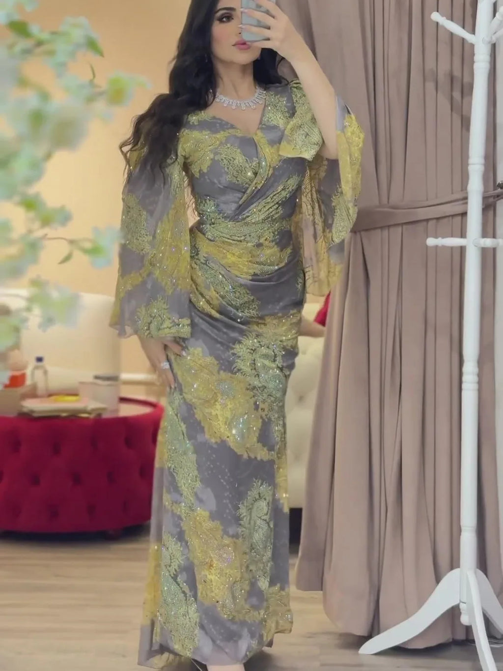 Women Chiffon Sexy Dress Big Swing Print Banquet Long Sleeve V-neck Slim Lady Elegant Cocktail Party Empire New Clothing