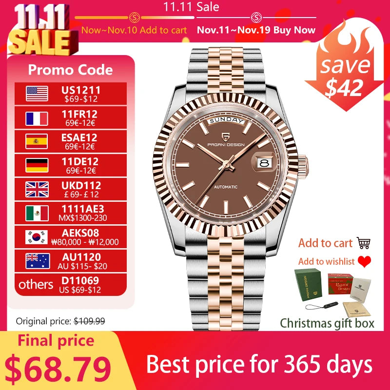 PAGANI DESIGN Enamel Dial 2025 New DD36 Men's Watches Silver Gold Luxury Automatic Watch Men Waterproof Mechanical Wristwatch