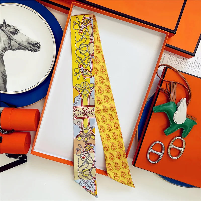 100% Silk High Quality Luxury Brand Scarf Women Headband Hair Band Foulard Tie Ribbon Neckerchief Skinny Scarves Accessories