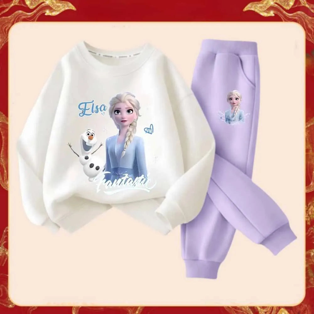 Disney Frozen Elsa Princess Girl's Fashion Cartoon Printed Tracksuits Spring Kid's Long Sleeve Sports Two-piece Suit Sweatshirt
