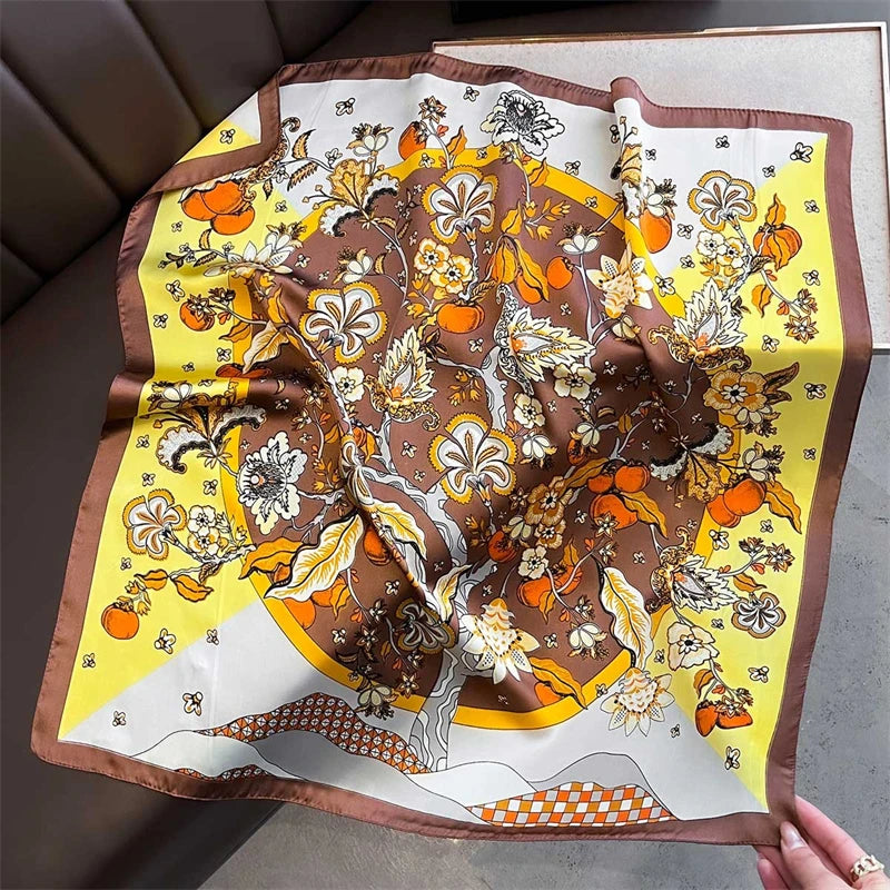 70cm Square Lemon Print Yellow Square Silk Scarf Casual Elegant Thin Breathable Neck Women Windproof Head Wrap Hair Scarves