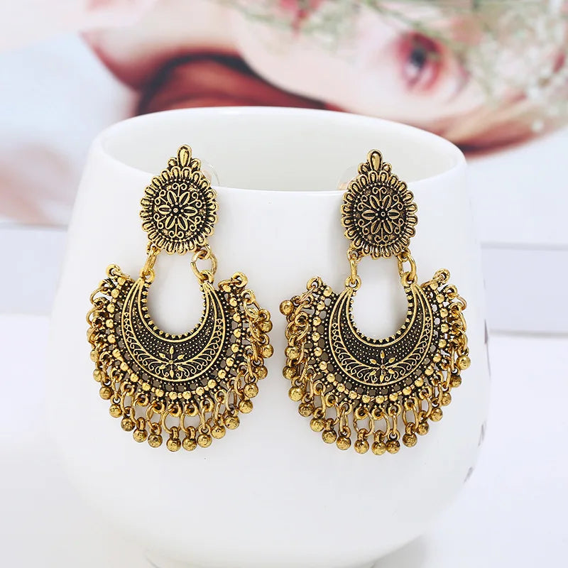 Indian Jhumka Earrings, Vintage Ethnic Jewelry, Silver Color, Carved Beaded Tassel Earrings