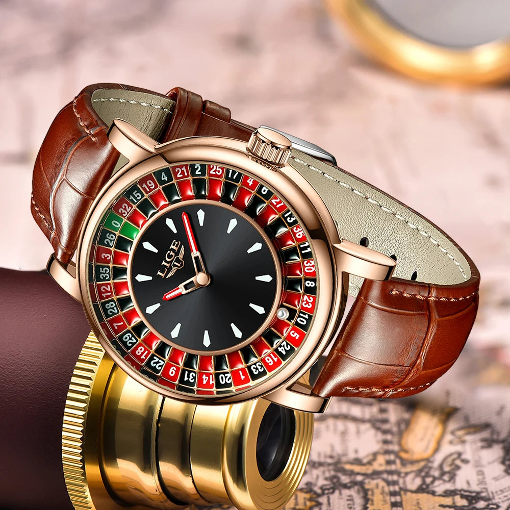 LIGE Fashion Brown Leather Men Watch Rotating Dial Las Vegas Roulette Desktop Theme Watch Men Waterproof Luminous Clock Watches