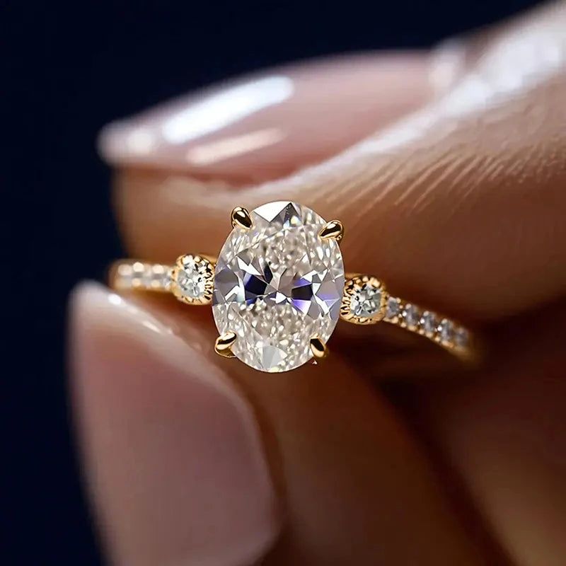 Mila Jewelry, classic oval wedding bands set with cubic zirconia by Huitan for women in gold, lustrous