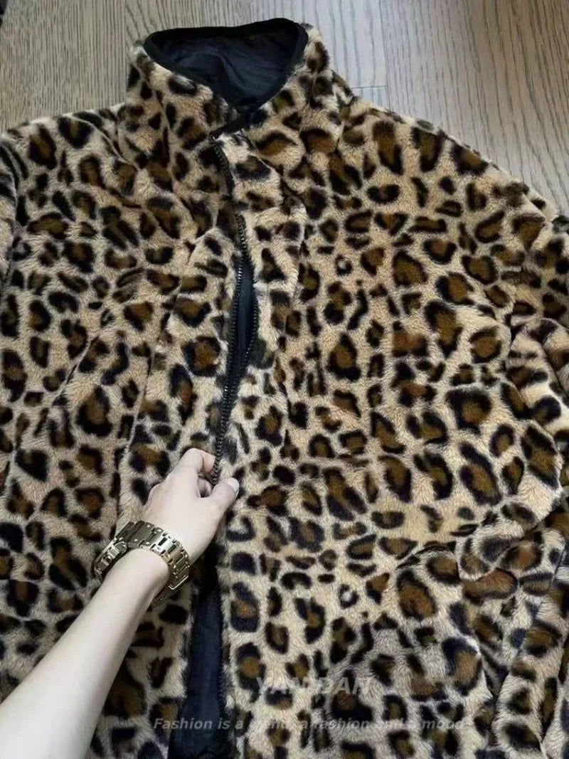 American Retro Harajuku Leopard Print Reversible Zipper Jacket Women Streetwear Trendy Casual Autumn and Winter Warm Plush Coat