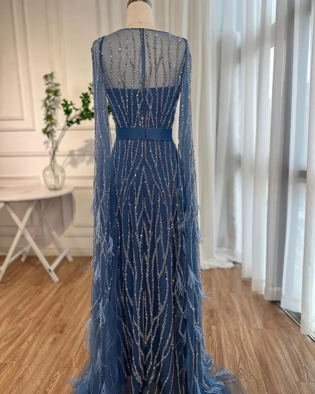 Serene Hill Blue Mermaid Elegant Feathers Cape Sleeves Square Beaded Luxury Evening Dresses Gowns Customized 2025 GLA71748