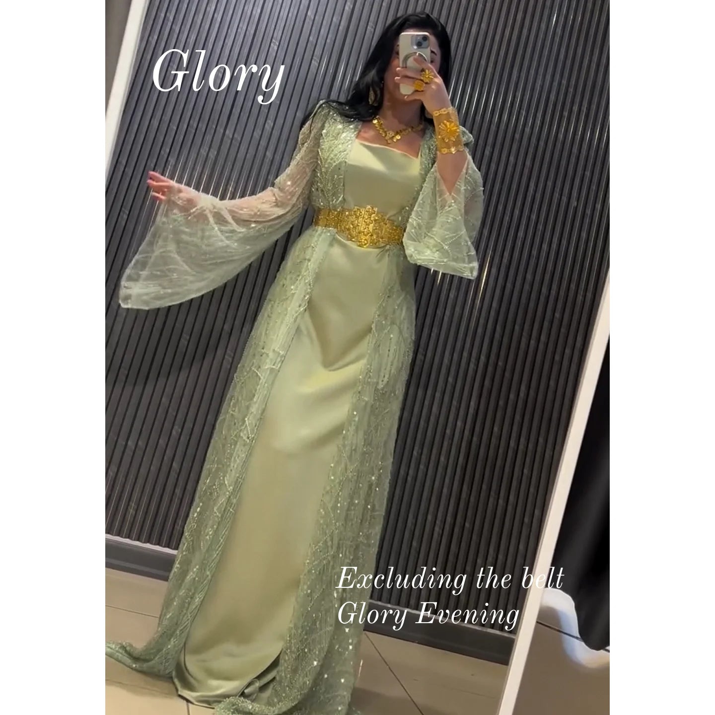 Gorgeous Evening Party Dresses Long Sleeves Green Beadings Temperament Prom Dress Saudi Arabia Women's Wedding Dress Customized