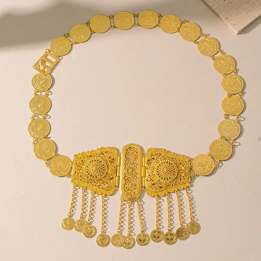 Turkish Kurdish Bride Gold Plated Waist Seal Middle Eastern Arabian Coin Waist Chain Luxury Women's Long Dress Clothing Chain We
