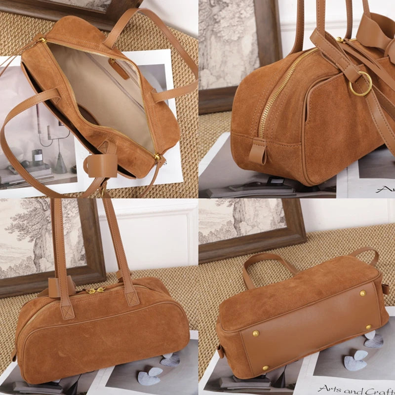 Toptrends Suede Cow Genuine Leather Underarm Shoulder Bags For Women New 2025 Luxury Designer Bowling Totes Work Ladies Handbags