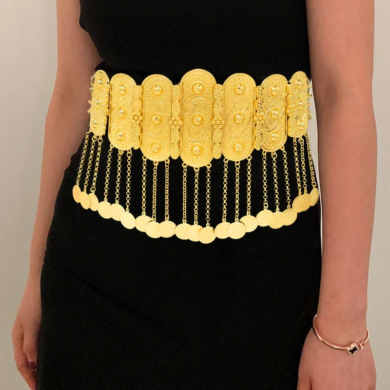 Golden Metal Coin Long Chain Belts for Women India Belly Dance Morocan Afghan Turkish Kurdistan National Dress Waistband Jewelry