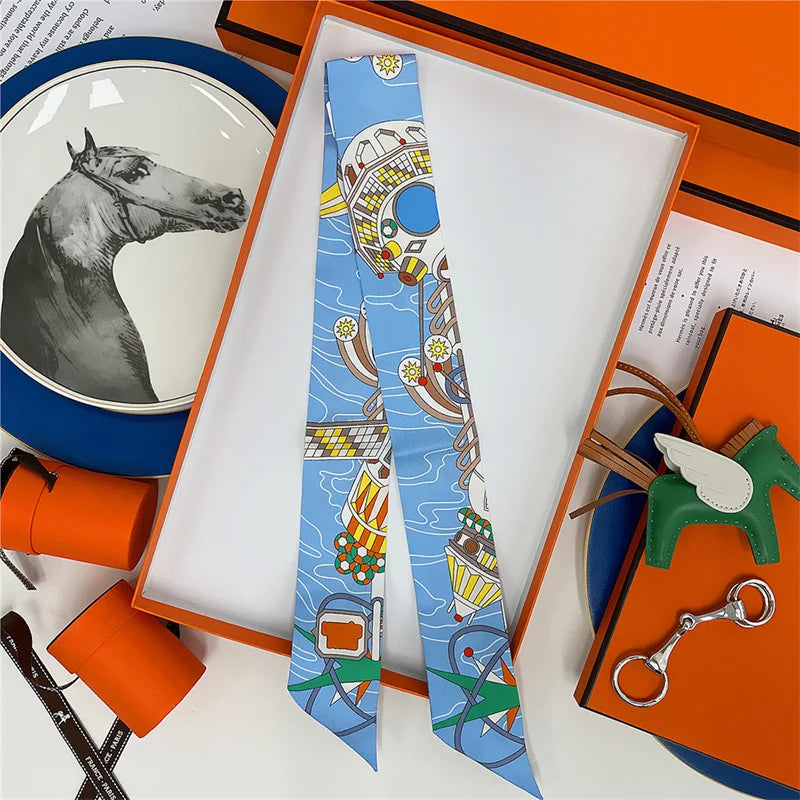 100% Silk High Quality Luxury Brand Scarf Women Headband Hair Band Foulard Tie Ribbon Neckerchief Skinny Scarves Accessories