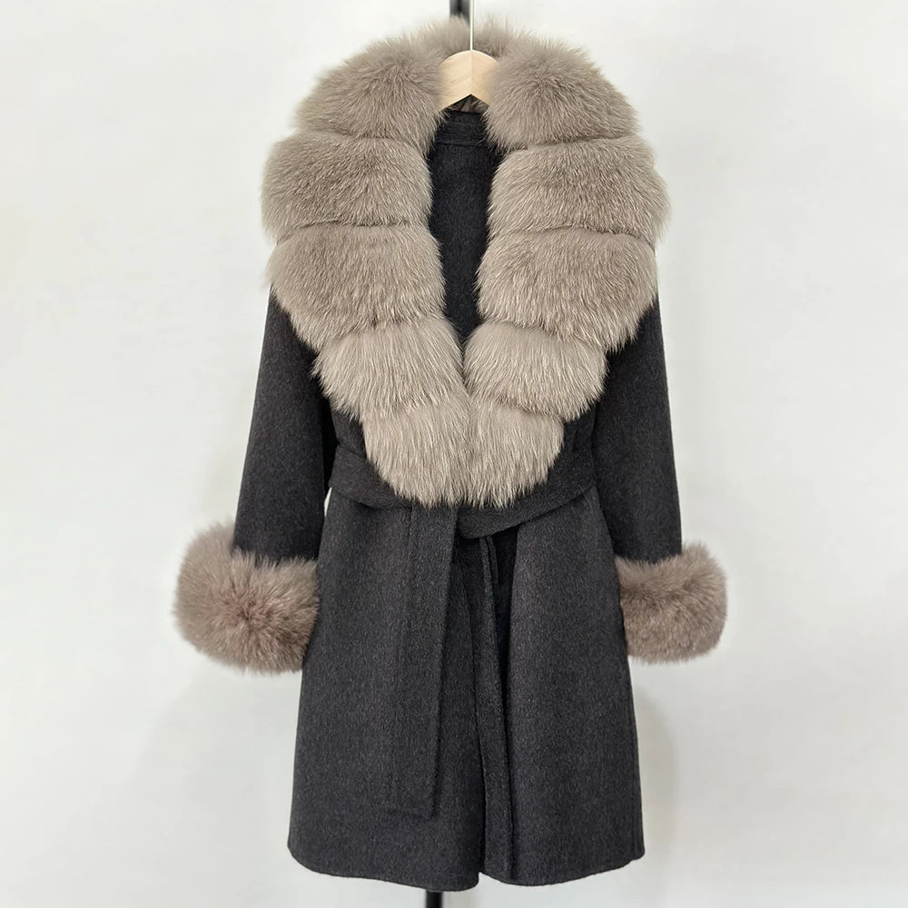Elegant Woolen Jacket Autumn Winter Wool Coat Women Real Fox Fur Collar Single Breasted Wool Blends Jacket Natural Raccoon Fur