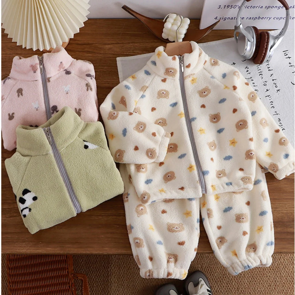 Baby Boy Girl Plush Fleece Tracksuit Sets 1-8Y Thickened Warm Cartoon Print Zipper Jacket Pants 2Pcs Kids Autumn Winter Outfit