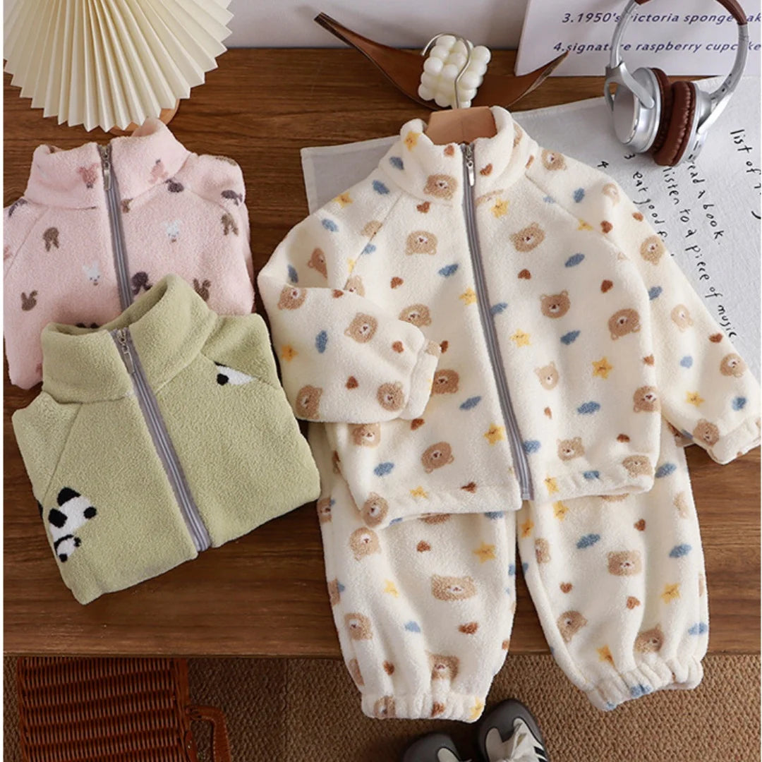 Baby Boy Girl Plush Fleece Tracksuit Sets 1-8Y Thickened Warm Cartoon Print Zipper Jacket Pants 2Pcs Kids Autumn Winter Outfit